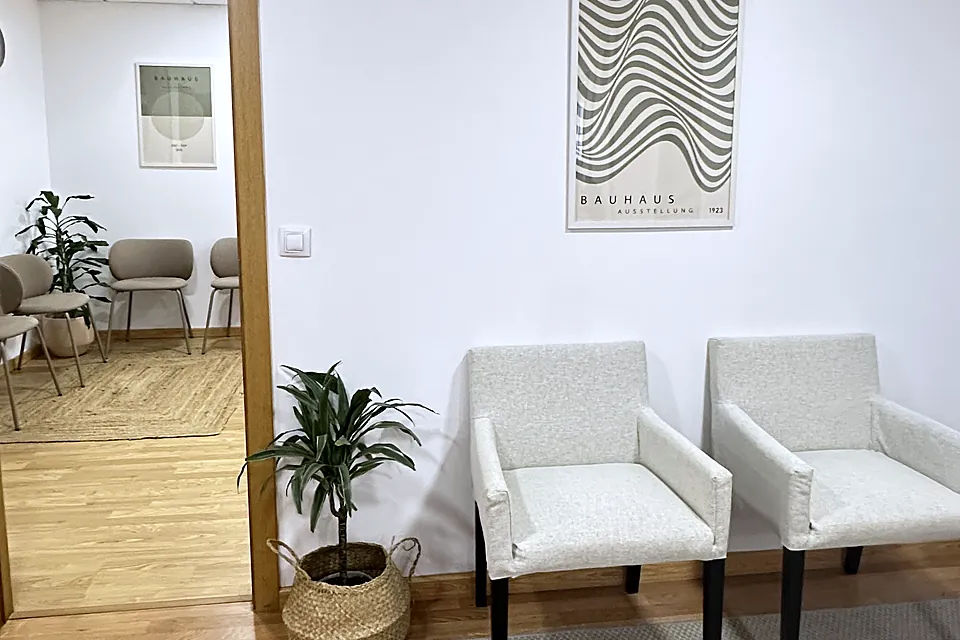 Dos butacas blancas junto a una planta en la sala de espera