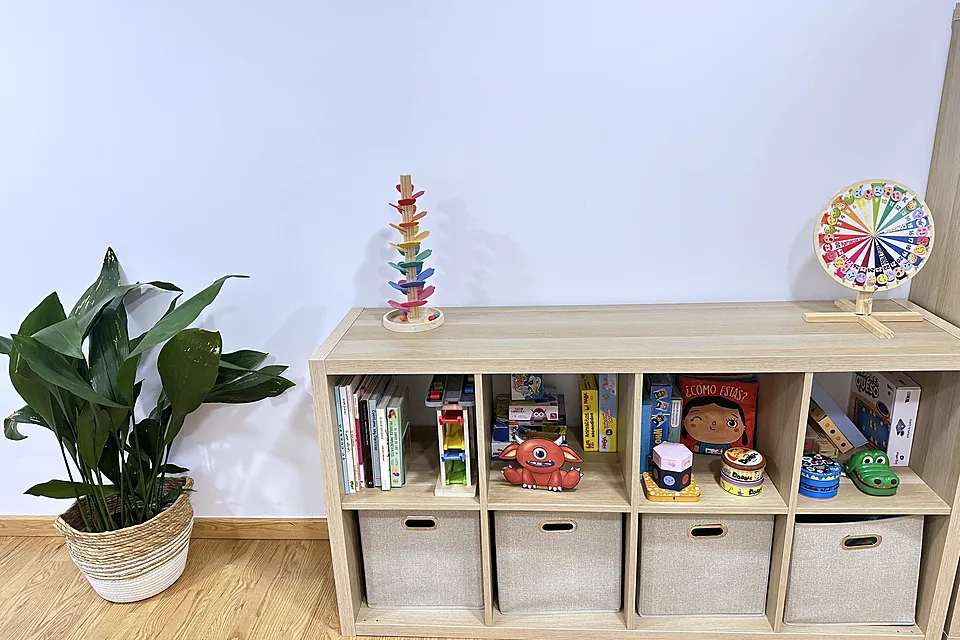 Estantería baja con juegos infantiles y una planta